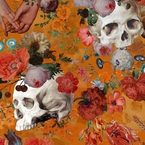 Vintage Gothic halloween aesthetic goth wallpaper: Mystic Horror Skulls and Antique Flowers with Witchy Skull Fabric and Victorian Goth Flowers on orange