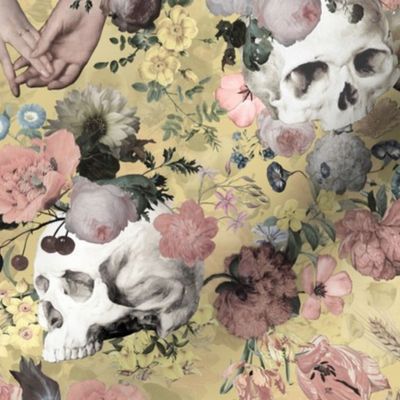 Vintage Gothic halloween aesthetic goth wallpaper: Mystic Horror Skulls and Antique Flowers with Witchy Skull Fabric and Victorian Goth Flowers on sepia yellow