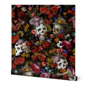 Vintage Gothic dark academia  halloween aesthetic goth wallpaper: Mystic Horror Skulls and Antique Flowers with Witchy Skull Fabric and Victorian Goth Flowers on black