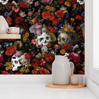 Vintage Gothic dark academia  halloween aesthetic goth wallpaper: Mystic Horror Skulls and Antique Flowers with Witchy Skull Fabric and Victorian Goth Flowers on black