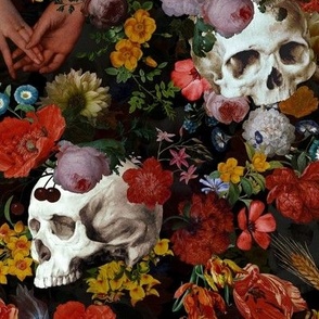 Mystic Spooky  Horror  skulls and antique flowers, vintage Goth antiqued home decor, nostalgic dark moody florals wallpaper , skulls fabric,vintage flowers fabric,victorian gothic fabric on black