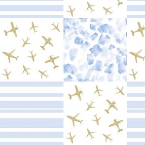 baby blue and mustard airplanes patchwork watercolor planes_ stripes_ stains for modern nursery baby boy - 1