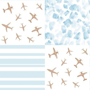 Baby blue and earthy airplanes patchwork watercolor planes_ stripes_ stains for modern nursery baby boy - 6