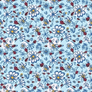 handdrawn daisies and ladybugs blue 