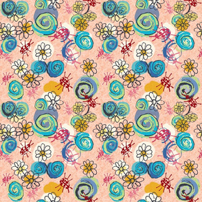 handdrawn daisies and ladybugs peach texture