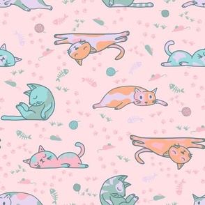 Cats resting and taking a nap in pinky pastel colors
