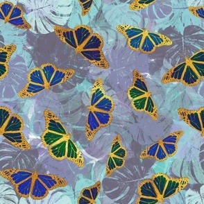 Green and Blue Butterflies with Golden Details Floral Background