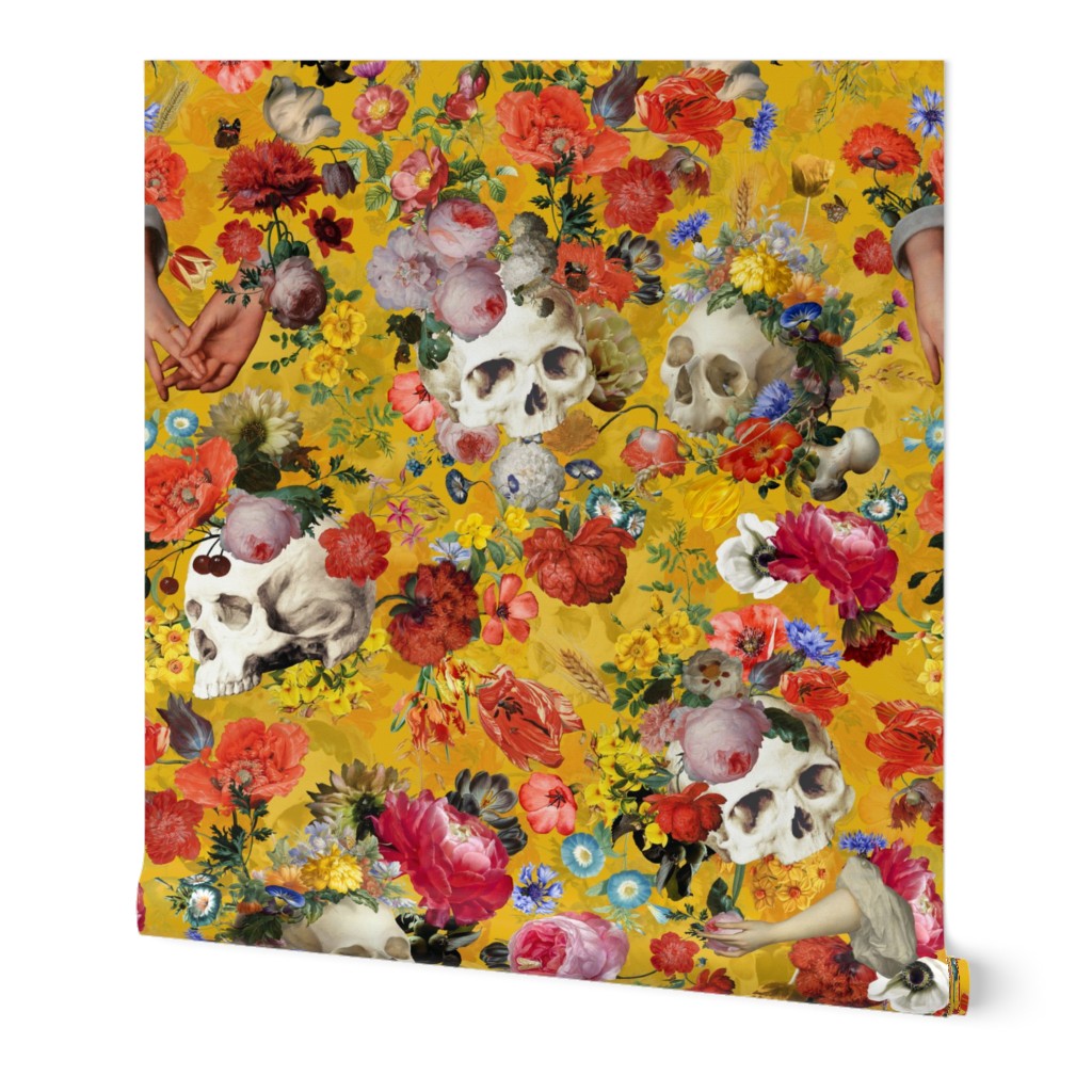 Mystic  Goth Horror spooky vintage skulls and antique flowers fabric and victorian gothic halloween aesthetic goth wallpaper on sunny yellow