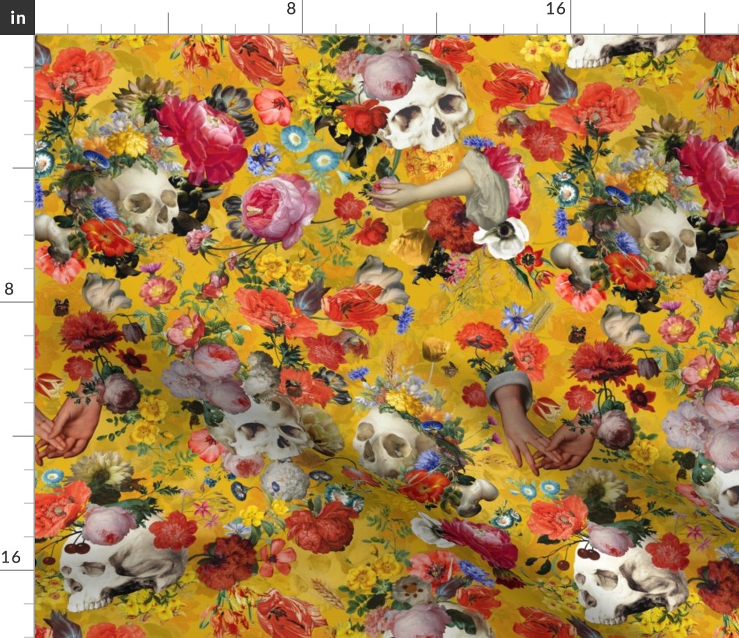 Mystic  Goth Horror spooky vintage skulls and antique flowers fabric and victorian gothic halloween aesthetic goth wallpaper on sunny yellow