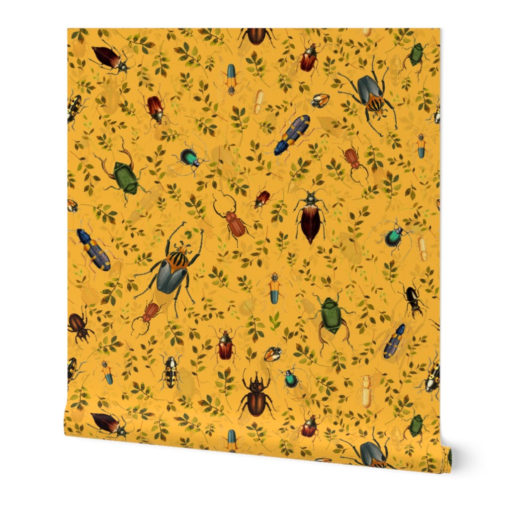 Retro Bugs, Bugs Fabric, Vintage bug fabric,leaf and beetle fabric, yellow double layer