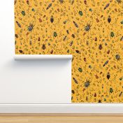 Retro Bugs, Bugs Fabric, Vintage bug fabric,leaf and beetle fabric, yellow double layer