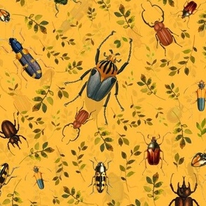 Retro Bugs, Bugs Fabric, Vintage bug fabric,leaf and beetle fabric, yellow double layer