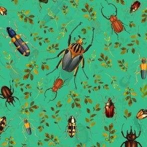Retro Bugs, Bugs Fabric, Vintage bug fabric,leaf and beetle fabric, green double layer