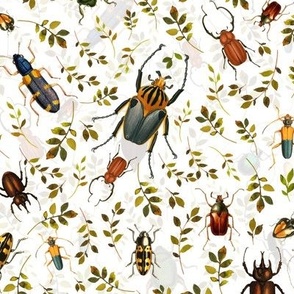 Retro Bugs, Bugs Fabric, Vintage bug fabric,leaf and beetle fabric, white double layer