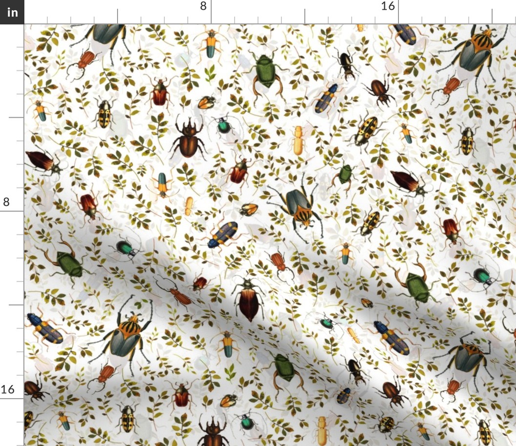 Retro Bugs, Bugs Fabric, Vintage bug fabric,leaf and beetle fabric, white double layer