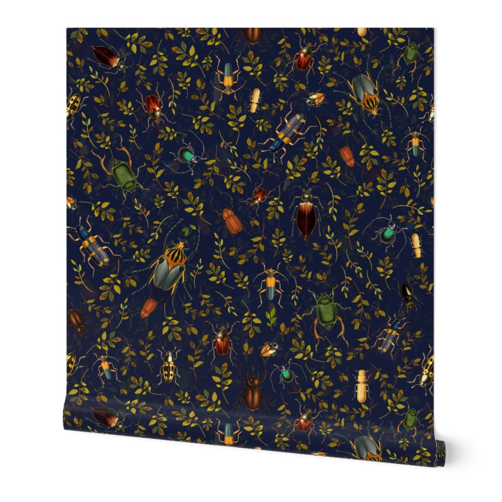Retro Bugs, Bugs Fabric, Vintage bug fabric,leaf and beetle fabric, dark blue double layer