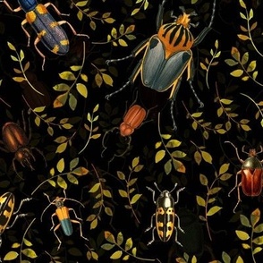 Retro Bugs, Bugs Fabric, Vintage bug fabric,leaf and beetle fabric, Vintage home decor, antique wallpaper,black double layer