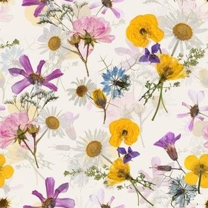  Midsummer Dried And Pressed Colorful Wildflowers Meadow Bouquets, Dried Flowers Fabric, Pressed Flowers Fabric blush background