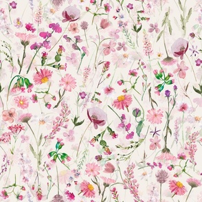 Amazing vintage pink wildflowers herbs  watercolor flowers midsummer meadow