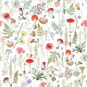 Amazing wildflowers herbs and mushrooms watercolor vintage double layer on white
