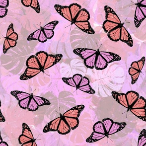 Orange Pink Butterflies Flying Floral Background