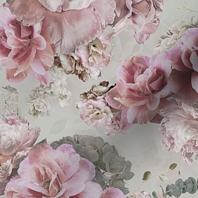 Lush Real Sepia Roses Fabric, Rose Fabric,Baroque Fabric - double layer on grey