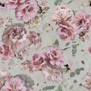 Lush Real Sepia Roses Fabric, Rose Fabric,Baroque Fabric - double layer on grey