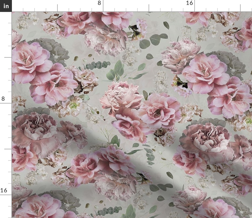 Lush Real Sepia Roses Fabric, Rose Fabric,Baroque Fabric - double layer on grey