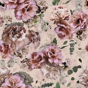 Lush Real Sepia Roses Fabric, Rose Fabric,Baroque Fabric - double layer on blush