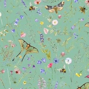 Watercolor hand drawn Late Summer WildFlowers Garden Flowers And Butterflies 2 - green double layer