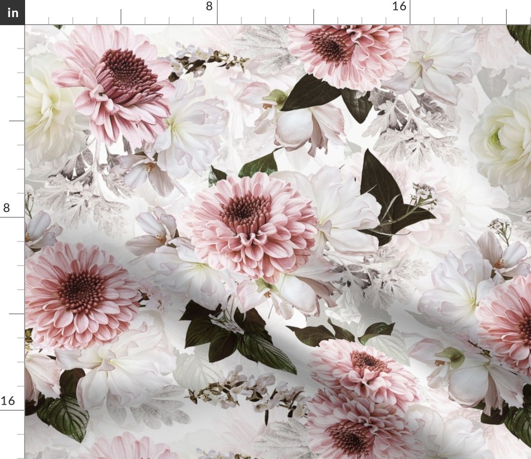 blush chrysanthemums fabric with daisies and exotic flowers teal double layer white