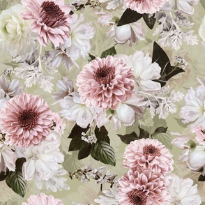 blush chrysanthemums fabric with daisies and exotic flowers teal double layer green