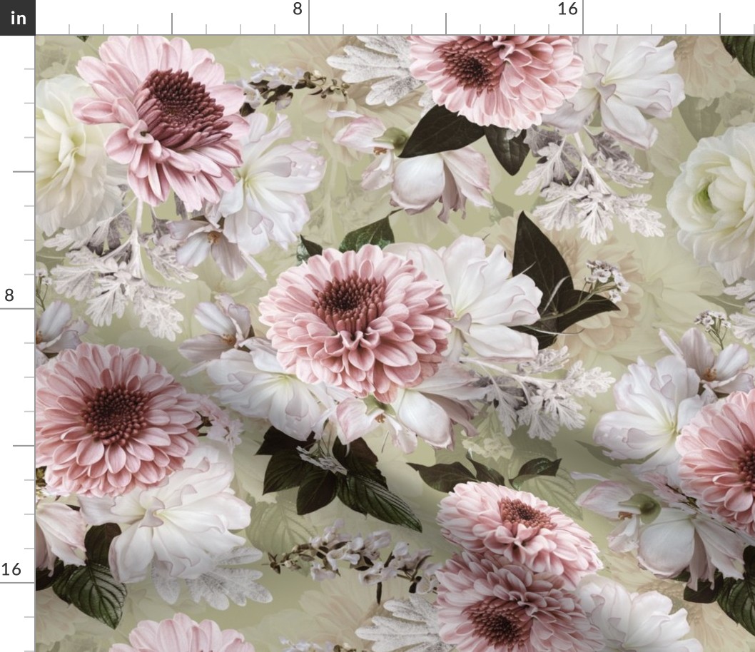 blush chrysanthemums fabric with daisies and exotic flowers teal double layer green
