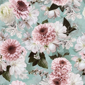 blush chrysanthemums fabric with daisies and exotic flowers teal double layer turquoise teal blue 