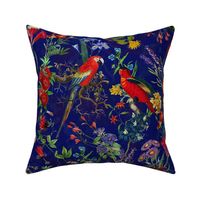 vintage parrots, birds fabric, parot fabric, exotic nature bird on night blue - double layer