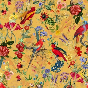 vintage parrots, birds fabric, parot fabric, exotic nature bird on sepia yellow - double layer