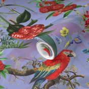 vintage parrots, birds fabric, parot fabric, exotic nature bird on lavender blue - double layer
