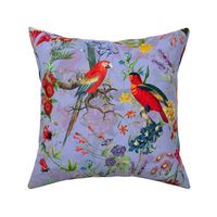 vintage parrots, birds fabric, parot fabric, exotic nature bird on lavender blue - double layer