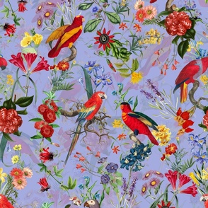 vintage parrots, birds fabric, parot fabric, exotic nature bird on lavender blue - double layer