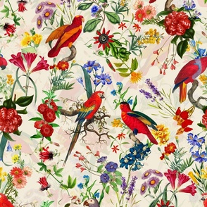 vintage parrots, birds fabric, parot fabric, exotic nature bird on beige - double layer