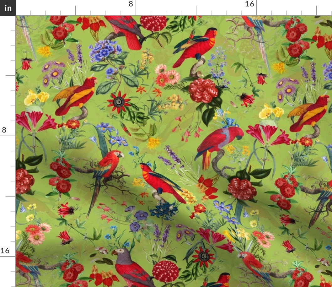 vintage parrots, birds fabric, parot fabric, exotic nature bird on spring green - double layer