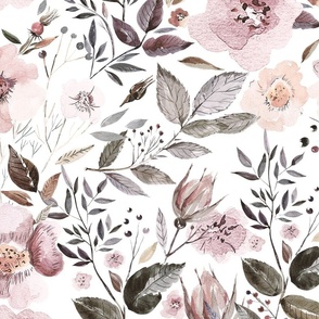 Wallpaper Large - Autumnal Blush Watercolor Flowers on white 