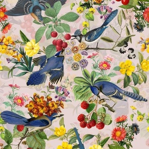 hvintage kingfishers, birds fabric, kingfisher fabric, exotic nature bird on blush pink