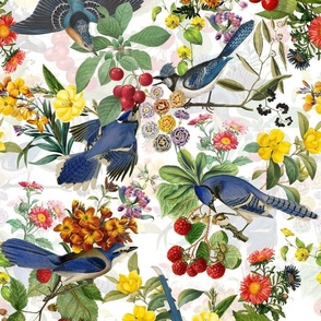 vintage kingfishers, birds fabric, kingfisher fabric, exotic nature bird on white