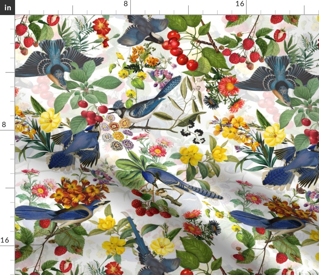 vintage kingfishers, birds fabric, kingfisher fabric, exotic nature bird on white