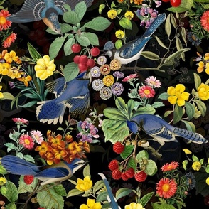 vintage kingfishers, birds fabric, kingfisher fabric, exotic nature bird  on black