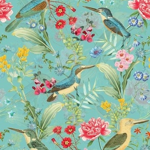 Blue Kingfishers Birds and Exotic Flowers Vintage Pattern, Kingfisher Fabric, Vintage Fabric, on turquoise - double layer
