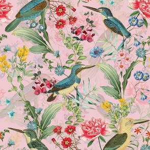 Blue Kingfishers Birds and Exotic Flowers Vintage Pattern, Kingfisher Fabric, Vintage Fabric, on pink - double layer