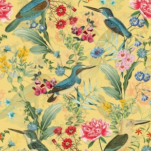 Blue Kingfishers Birds and Exotic Flowers Vintage Pattern, Kingfisher Fabric, Vintage Fabric, on yellow- double layer