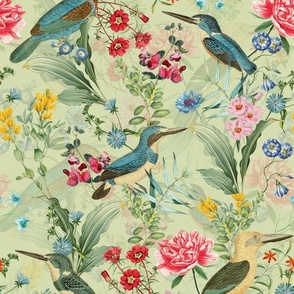 Blue Kingfishers Birds and Exotic Flowers Vintage Pattern, Kingfisher Fabric, Vintage Fabric, on green - double layer